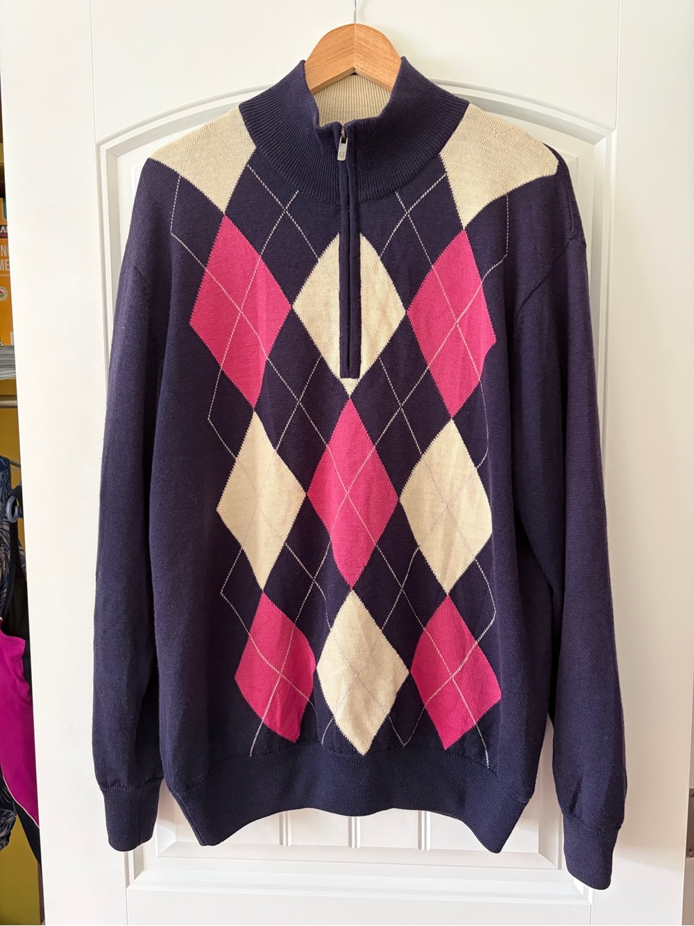 Mens Navy Argyle Half-Zip Footjoy Lined Wool Sweater